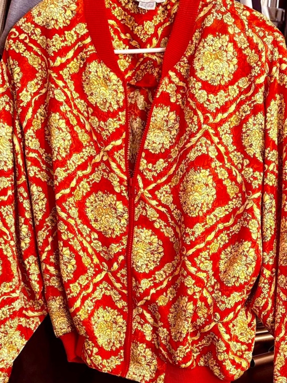 Adrianna Papell Red and Gold Baroque-Print Bomber Jacket